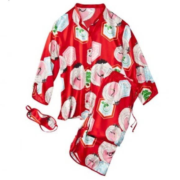 JOSIE NATORI FOR TARGET CRANE PRINT SATIN MANDARIN PAJAMA TOP + MATCHING MASK - Picture 3 of 3